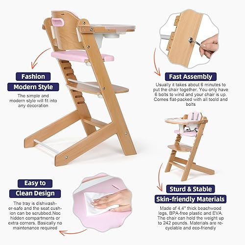 Cowiewie 3-in-1 Convertible Natural Wooden High Chair for Babies & Toddlers 3-Tier Remove & 2 Adjustable Wood Tray & 8 Levels Adjustable, 2 Waterproof Cozy Cushions Grey - Jamouz
