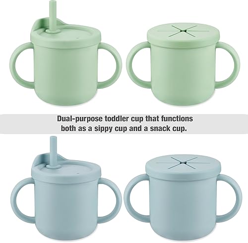 PandaEar Silicone Baby Feeding Set| 2 Pack Silicone Divided Suction Plate and 2 Pack Tiny Cup with 2 Spoons 2 Forks| Baby Led Weaning Supplies Self Feeding Eating Utensils (Light Blue/Light Green) - Jamouz