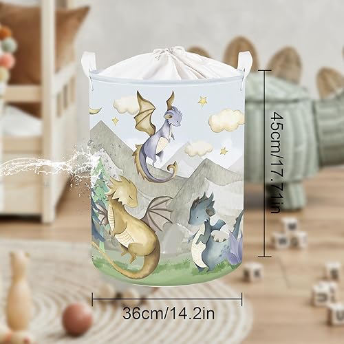 Clastyle 45L Kids Cute Dragon Nursery Hamper Mountain Tree Dirty Clothes Collapsible Laundry Basket Round Cloud Toys Storage Basket with Drawstring - Jamouz