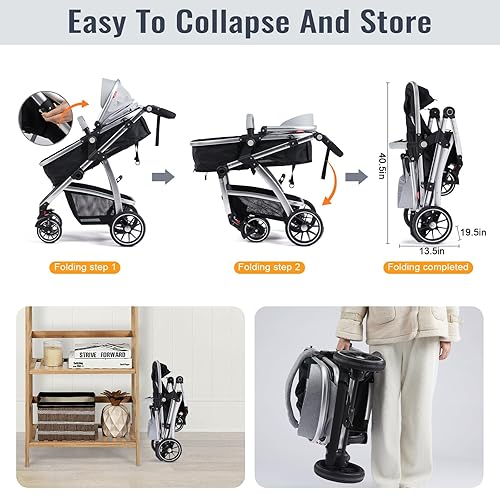 Baby Stroller, 2-in-1 Reversible Stroller with Bassinet Mode, Foldable Infant Stroller with Canopy, One Button Brake, Adjustable Handle, Newborn Stroller (Gray) - Jamouz