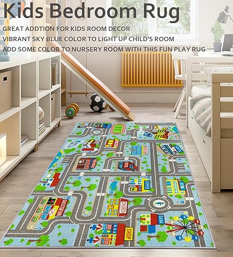 Educational Road Traffic Carpet Kids Carpet Playmat Car Rug Fun City Life Map Kids Car Rug Non Slip Play Carpet for Children Playroom Bedroom Classroom Decor (Sky Blue, 5'2''x3'3'') - Jamouz