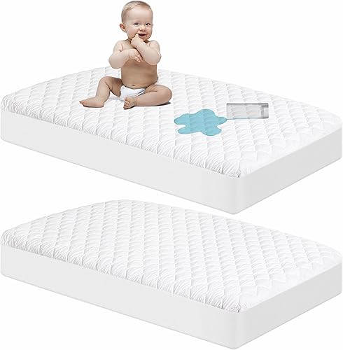 NTBAY 2 Pack Waterproof Mini Crib Mattress Protector, Quilted 24'x38' Fitted Mattress Cover - Machine Washable - Soft and Breathable Baby Mattress Pad Sheet for Mini Crib and Baby Playards, White - Jamouz