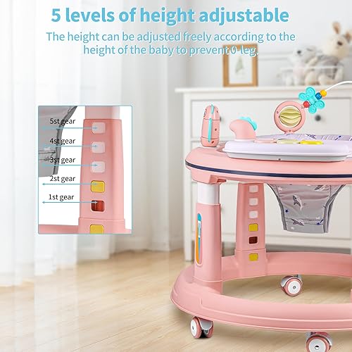 Baby Walker with Music and Lights, 5 Adjustable Heights, Baby Walkers and Activity Center for Boys Girls Babies 6-12 Months, Features 360 Degree Swivel Seat, Detachable Toys and Bounce Foot pad - Jamouz