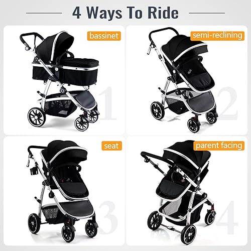 Baby Stroller, 2-in-1 Reversible Stroller with Bassinet Mode, Foldable Infant Stroller with Canopy, One Button Brake, Adjustable Handle, Newborn Stroller (Gray) - Jamouz