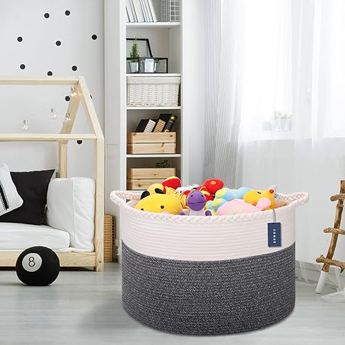 COMSE Extra Large Blanket Basket, Storage Basket, Laundry Basket, 21.7”x 13.8”, Laundry Hamper, Cotton Rope Basket, Blanket Basket Living Room, Toy Basket (White & Cadet Blue & Navy Blue) - Jamouz