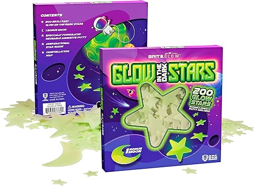Glow in The Dark Stars for Ceiling 200PK Easter Basket Stuffers for Kids - Star Brite High Plastic Glow Stars with Moon & Putty Ages 4,5,6,7,8,9,10,11,12 for Bedroom Space Night Light Room Non-Toxic - Jamouz