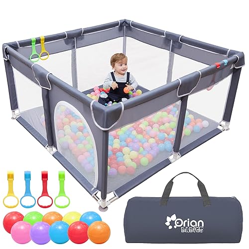 Orian Baby Playpen 50x50 Large Playpen for Babies and Toddlers, Oxford Fabric, Indoor & Outdoor Play Pen, 10 Colorful Balls, 4 Pull Up Rings, Carry Bag - Jamouz