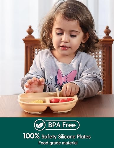 BABELIO Powerful Suction Plates for Baby and Toddler, 100% Food Grand Silicone, Divided, BPA Free, Microwave & Dishwasher Safe, Stay Put, 3 Pack - Jamouz