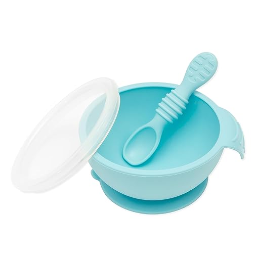 Bumkins Baby Bowl, Silicone Baby Feeding Set with Suction for Baby and Toddler, Includes Spoon and Lid, First Feeding Set, Essential for Baby Led Weaning for Babies 4 Months, Pink - Jamouz