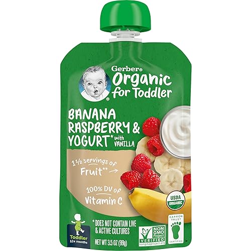 Gerber Organic Baby Food Pouches, Toddler, Banana Raspberry Yogurt Vanilla, 3.5 Ounce (Pack of 12) - Jamouz