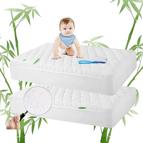 Safe and Sound 2 Pack Bamboo Viscose Crib Mattress Protector, Waterproof Quilted Crib Mattress Pads, Soft Breathable Bamboo Viscose Rayon Baby Mattress Cover (28x52 Inches, Bamboo Viscose) - Jamouz