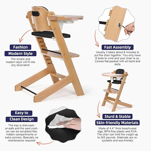 Cowiewie 3-in-1 Convertible Natural Wooden High Chair for Babies & Toddlers 3-Tier Remove & 2 Adjustable Wood Tray & 8 Levels Adjustable, 2 Waterproof Cozy Cushions Grey - Jamouz