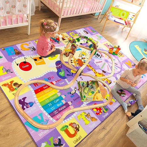 Large Playroom Rug Daycare Kids Rug 7x10,Educational and Fun Nursery Rug with ABC Alphabet Animals Classroom Rug Washable Kids Play Mat Baby Toddler Children Girls Rugs for Bedroom,Beige - Jamouz
