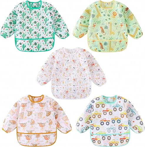 Long Sleeved Bibs, Pack of 5,Lightweight Waterproof Shirt Bibs for Baby Toddler 6-30 Months - Jamouz