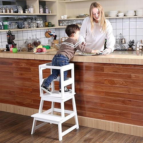 SDADI Kids Kitchen Step Stool Holds up to 150 Pounds with Safety Rail, White - Jamouz
