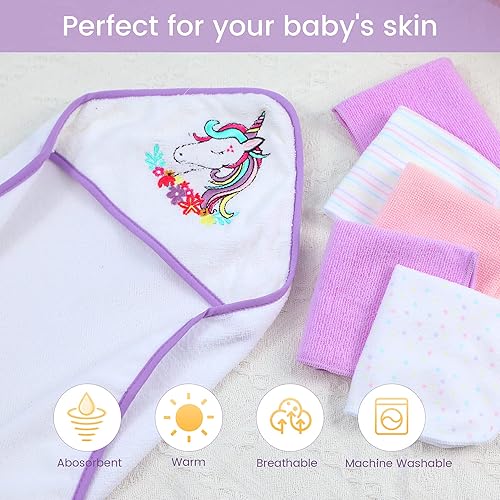 Viviland Baby Towels and Washcloths, Soft Absorbent Pink Baby Bath Towel Set, Elephant Hooded Towels with 5 Infant Face Washcloths (6 Pieces) - Jamouz