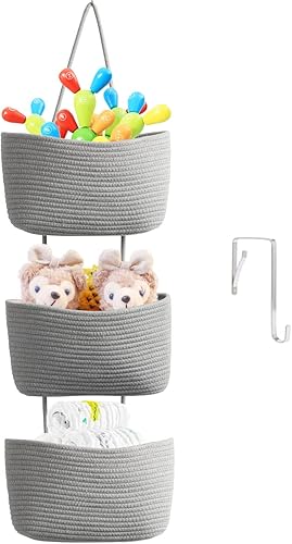 TeoKJ Over the Door Hanging Basket, 3-Tier Woven Cotton Wall-Mounted Storage Organizer Bag Decorative Hanging Nursery Baskets - Jute - Jamouz