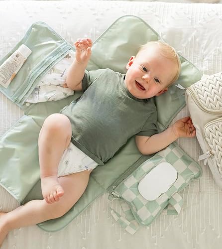 Tiny Twinkle Portable Diaper Changing Pad, Foldable Waterproof Baby Change Pad for Newborn Girl & Boy with Smart Wipes Pocket (Beige Checkers) - Jamouz