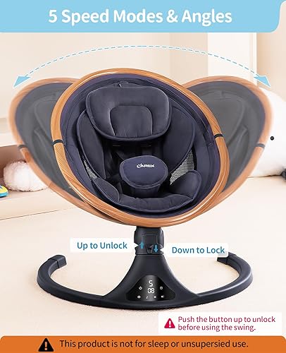 LAREX Baby Swing to Toddler Electric Infant Swing Portable for Newborn Boy Girl, 5 Sway Speeds with Remote Control, 12 Preset Melodies and Bluetooth, 0-6 Months Max 20 Lbs(Dark Wood Grain) - Jamouz