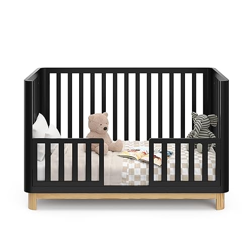 Storkcraft Santos 3-in-1 Convertible Crib (White with Natural) – GREENGUARD Gold Certified, Fits Standard Crib Mattress, Converts to Toddler Bed, Modern Style, Rounded Designer Details - Jamouz