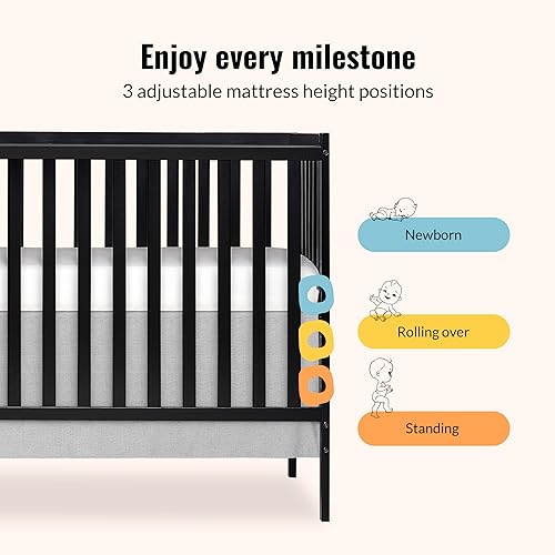 Synergy 5-In-1 Convertible Crib In White, made of New Zealand Pine wood, JPMA & Greenguard Gold Certified, features 3 mattress height settings - Jamouz