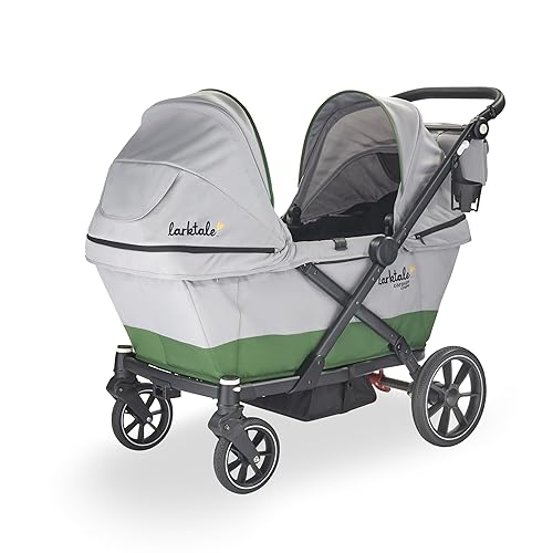 Larktale Caravan Coupe - Compact 2-Seater Stroller Wagon with Small Fold - Adjustable Canopies Included - Gray/Green - Jamouz