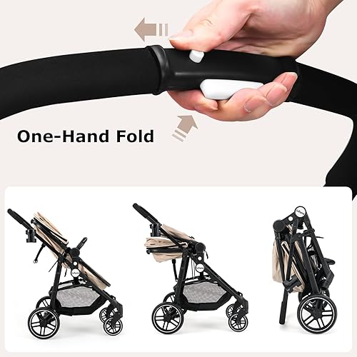 INFANS 2 in 1 Baby Stroller, High Landscape Infant Stroller & Reversible Bassinet Pram, Foldable Pushchair with Adjustable Canopy, Cup Holder, Storage Basket, Suspension Wheels (Grey) - Jamouz