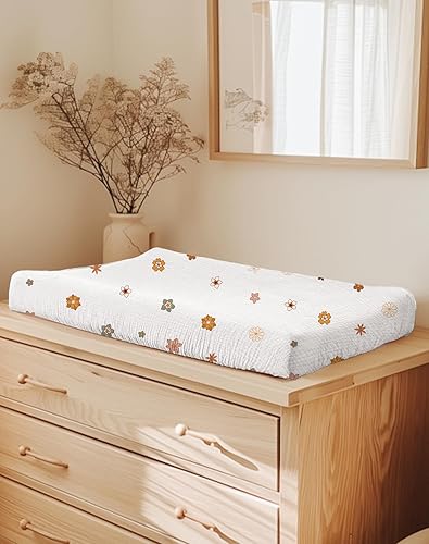 Changing Pad Cover for Baby Boy Girl 2 Pack, Muslin Changing Table Pad Covers with Boho Style, Neutral Nursery Bedding Essentials Soft and Breathable(Dusty Rose & Flower-A) - Jamouz