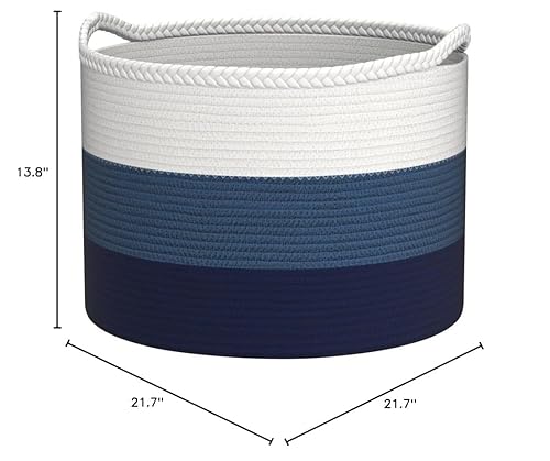 COMSE Extra Large Blanket Basket, Storage Basket, Laundry Basket, 21.7”x 13.8”, Laundry Hamper, Cotton Rope Basket, Blanket Basket Living Room, Toy Basket (White & Cadet Blue & Navy Blue) - Jamouz