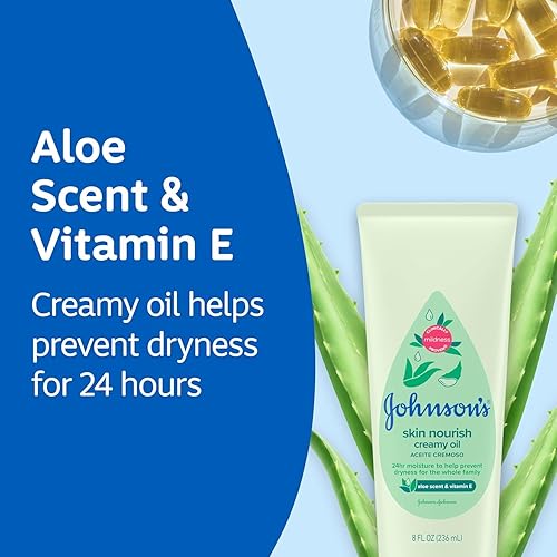 Johnson's Skin Nourish Creamy Oil, Aloe Scent & Vitamin E, Creamy Oil Helps Prevent Dryness & Moisturizes Baby's Delicate Skin for 24 Hours, Hypoallergenic & Non-Greasy, 8 fl. oz - Jamouz