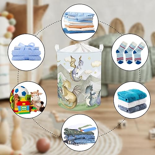 Clastyle 45L Kids Cute Dragon Nursery Hamper Mountain Tree Dirty Clothes Collapsible Laundry Basket Round Cloud Toys Storage Basket with Drawstring - Jamouz
