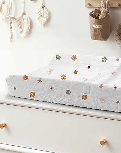 Changing Pad Cover for Baby Boy Girl 2 Pack, Muslin Changing Table Pad Covers with Boho Style, Neutral Nursery Bedding Essentials Soft and Breathable(Dusty Rose & Flower-A) - Jamouz
