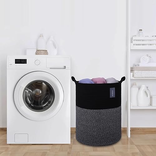 COMSE Extra Large Blanket Basket, High Storage Basket, Tall Rope Laundry Basket, 15.7”x 21.7”, Cotton Rope Basket, XXXL Laundry Basket, Toy Basket, Clothes Baskets,White/Cadet Blue/Navy Blue - Jamouz