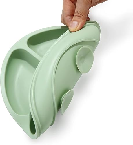 PandaEar Divided Unbreakable Silicone Baby and Toddler Plates - 3 Pack - Non-Slip - Dishwasher and Microwave Safe - Silicone (Blue Green Brown) - Jamouz