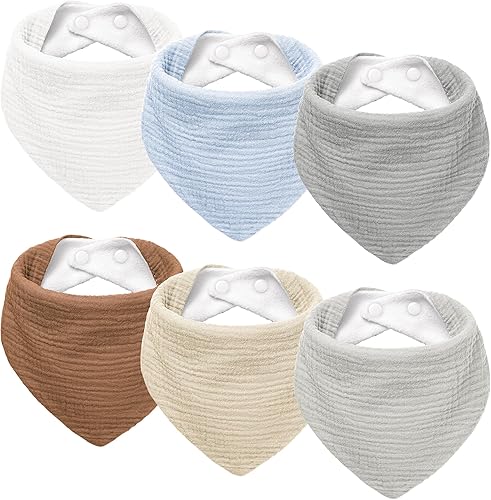 Susurration Muslin Baby Drool Bibs 6Pack Soft Triangular Adjustable Baby Bandana Bibs for Unisex Baby Girls & Boys - Jamouz