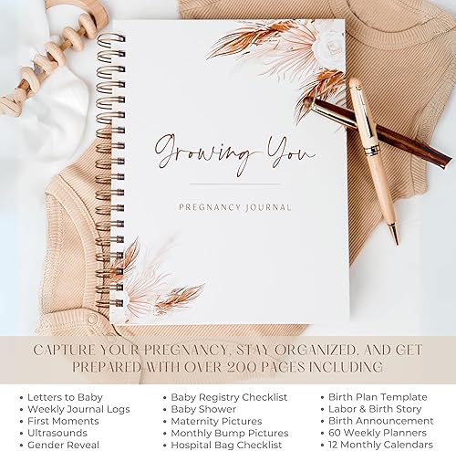 Keepsake Pregnancy Journal w/200+ pages | Boho Themed Pregnancy Planner, Scrapbook and Memory Book | Baby Journal | Birth Planner | 8 Tab Dividers | Brown Twin Spirals | Two Inner Pockets | Ideal Gift - Jamouz