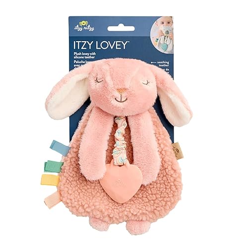 Itzy Ritzy - Itzy Lovey Including Teether - Baby Lovey with Teether, Textured Ribbons & Dangle Arms - Features Crinkle Sound, Sherpa Fabric and Minky Plush (Pink Bunny) - Jamouz