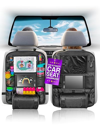 Set of 2x PU Leather Backseat Car Organizers + 2x LCD Drawing Tablets - Car Seat Organizers with Touch Screen Tablet Holder, Back Seat Organizer for Kids, Car Storage for Toys - Jamouz