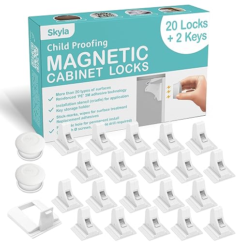 SKYLA HOMES Magnetic Cabinet Locks Baby Proofing Child Safety - The Safest Quickest and Easiest Multi-Purpose 3M Adhesive Child Proof Latches, No Screws or Tools Needed (12 Pack) - Jamouz