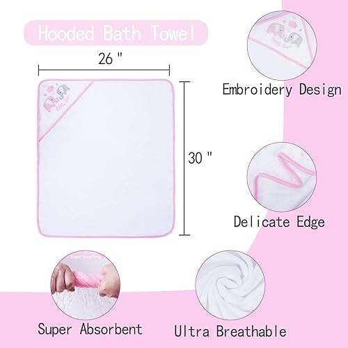 Viviland Baby Towels and Washcloths, Soft Absorbent Pink Baby Bath Towel Set, Elephant Hooded Towels with 5 Infant Face Washcloths (6 Pieces) - Jamouz