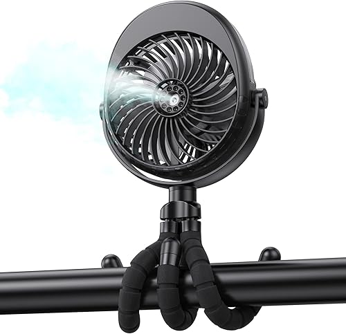 Portable Stroller Fan with Mist, Rechargeable Misting Fan with Flexible Tripods, 360° Pivot Personal Mister for Cooling Outdoor Travel Beach Umbrella Wagon Crib Treadmill Car - Jamouz