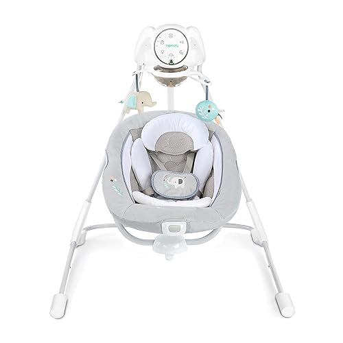 Ingenuity InLighten 5-Speed Baby Swing - Swivel Infant Seat, 5 Point Safety Harness, Nature Sounds, Lights - Nally Owl - Jamouz