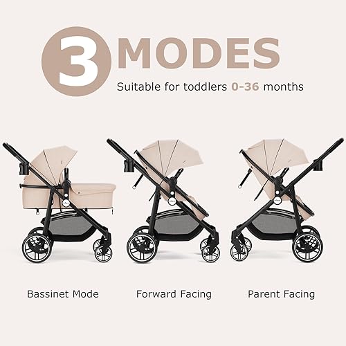 INFANS 2 in 1 Baby Stroller, High Landscape Infant Stroller & Reversible Bassinet Pram, Foldable Pushchair with Adjustable Canopy, Cup Holder, Storage Basket, Suspension Wheels (Grey) - Jamouz