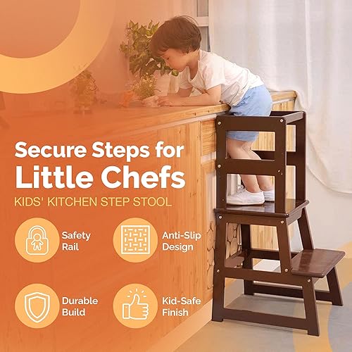 SDADI Kids Kitchen Step Stool Holds up to 150 Pounds with Safety Rail, White - Jamouz