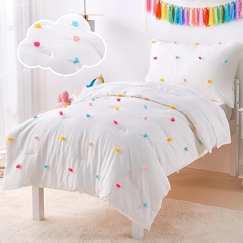 4 Piece White Boho Toddler Bedding Sets for Girls Colorful Pom Pom Comforter Set Jacquard Tufted Dot Crib Bed Sheets Set for Baby Bed in a Bag, Include Comforter, Flat Sheet, Fitted Sheet, Pillowcase - Jamouz