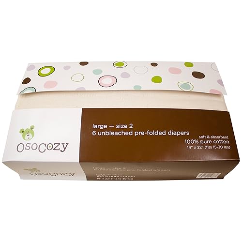 OsoCozy Prefolds Unbleached Cloth Baby Diapers, Size 1 (7-15 lbs), 6 Pack, Soft, Absorbent and Durable 100% Natural Cotton - Jamouz