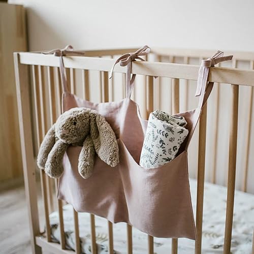 Linen Baby Bedside Hanging Storage Bag,2 Pockets Organizer for Baby Cribs and Toys (Burlywood) - Jamouz