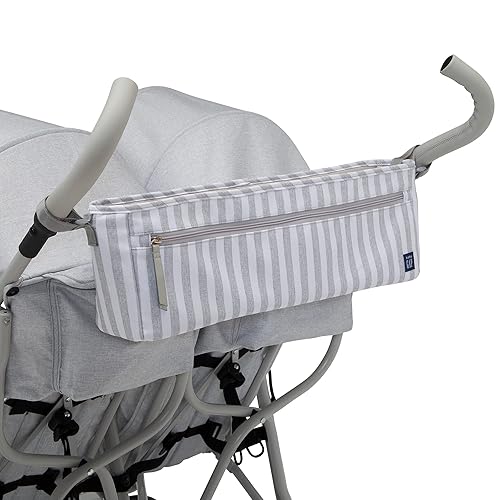 GAP babyGap Classic Side-by-Side Double Stroller - Lightweight Double Stroller with Recline, Extendable Sun Visors & Compact Fold - Made with Sustainable Materials, Grey Stripes - Jamouz