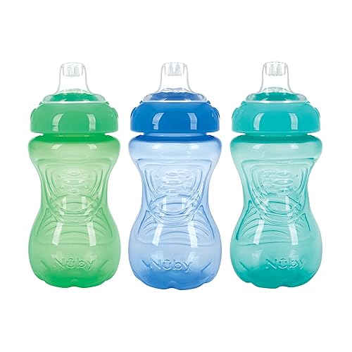 Nuby 3 Pack No Spill Toddler Sippy Cups - Toddler Cups Spill Proof with Easy and Firm Grip - Blue, Aqua, Green - Jamouz