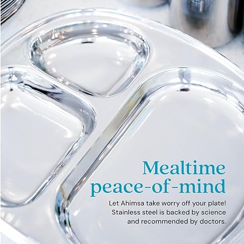 Ahimsa Stainless Steel Kids Dinnerware Set - 5 Piece Stainless Steel Toddler Plates and Bowls Set, Pediatrician Designed, Non Toxic Toddler Plate and Bowl, Kids Utensils and Cup (Rainbow) - Jamouz